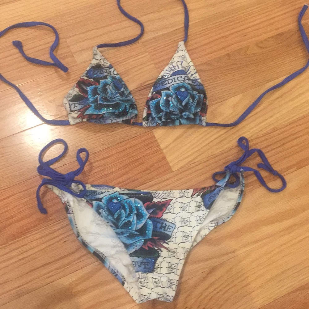 Ed hardy two piece bikini with blue roses